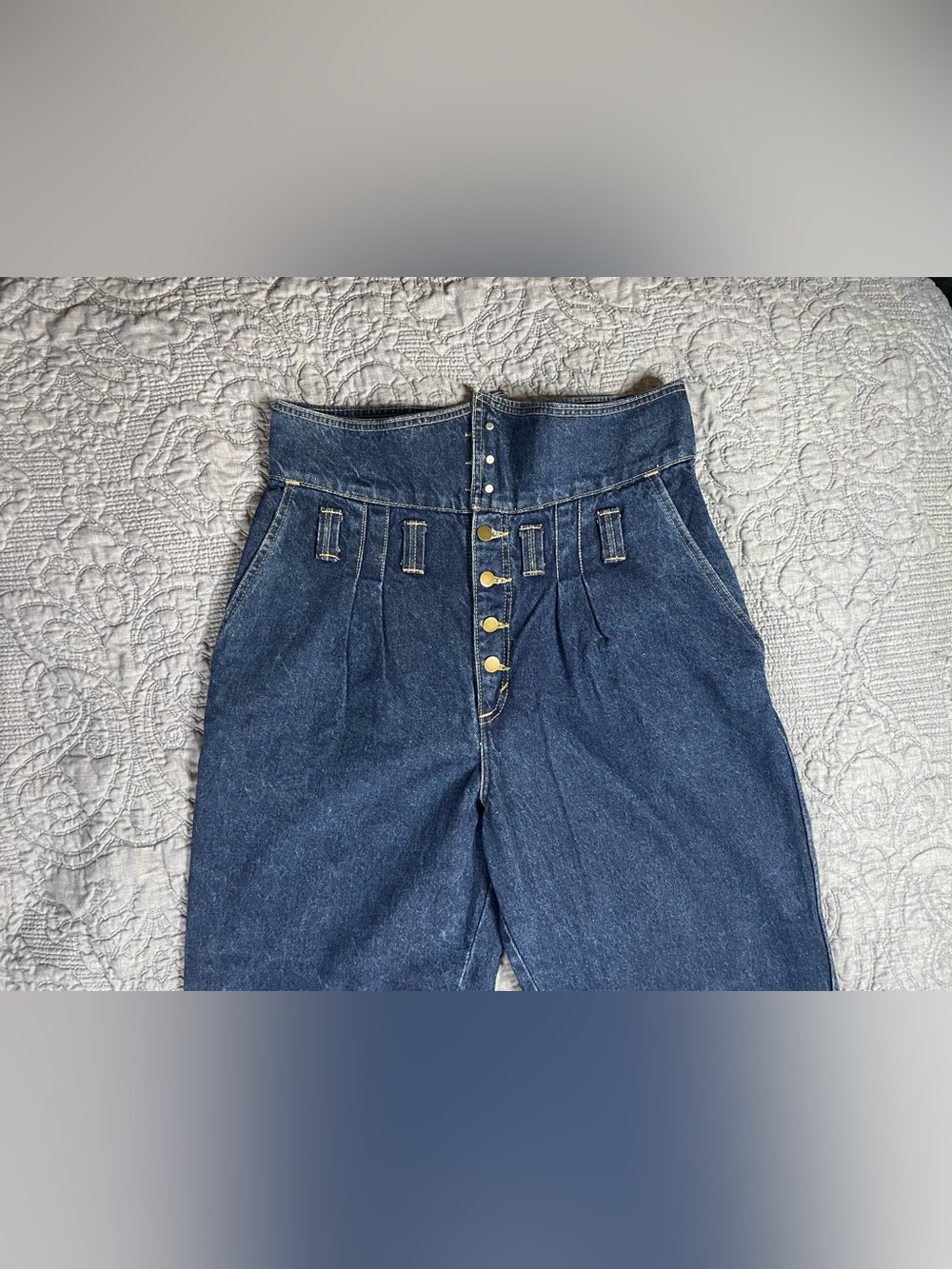Vintage 80s Jeans Women Blue Dark Wash Fold Over High Waist Tapered Size: 16 - Picture 2 of 7